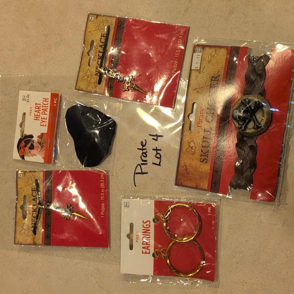 Pirate Costume Set * 5 Pcs * All New * Choker, Necklaces (X2), Eye Patch, Earrin